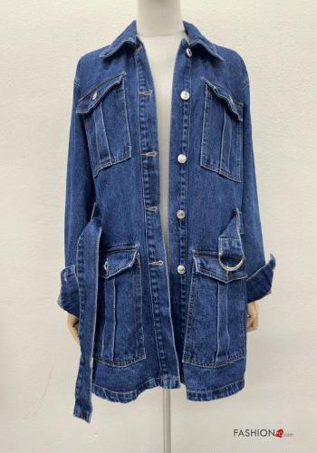 Abito in Cotone con colletto corto denim maniche lunghe con bottoni con tasche - ph 2