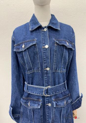Abito in Cotone con colletto corto denim maniche lunghe con bottoni con tasche - ph 3