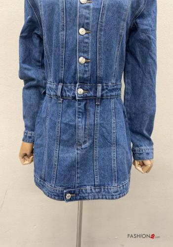 Abito in Cotone con colletto corto denim maniche lunghe con bottoni - ph 2