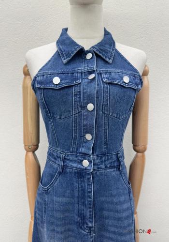 Denim mit kragen lange ärmellos Kleid aus Baumwolle mit Knöpfen mit Taschen - ph 2
