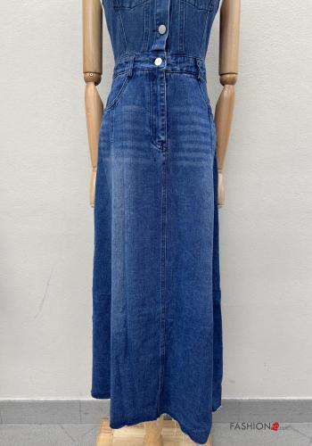 Denim mit kragen lange ärmellos Kleid aus Baumwolle mit Knöpfen mit Taschen - ph 3