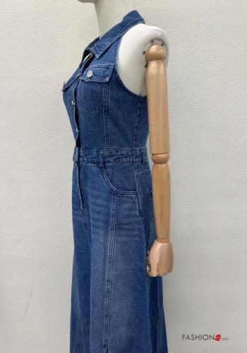 Denim mit kragen lange ärmellos Kleid aus Baumwolle mit Knöpfen mit Taschen - ph 4