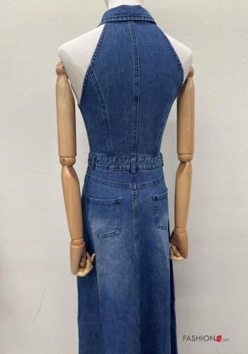 Denim mit kragen lange ärmellos Kleid aus Baumwolle mit Knöpfen mit Taschen - ph 5