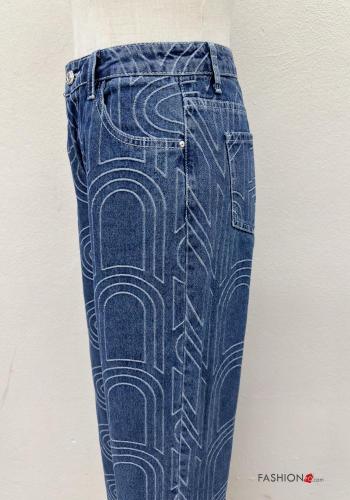 Patterned denim wide leg Cotton Jeans with buttons with zip with pockets - ph 2