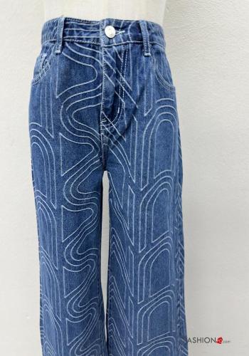 Patterned denim wide leg Cotton Jeans with buttons with zip with pockets - ph 3