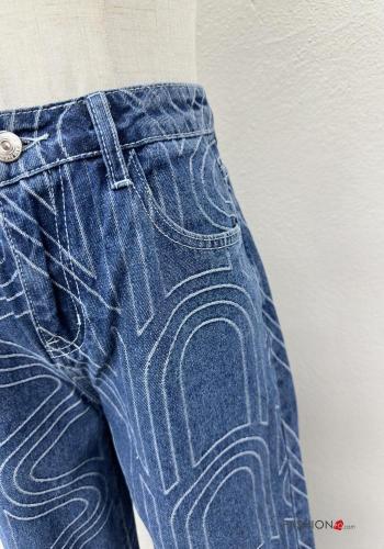 Patterned denim wide leg Cotton Jeans with buttons with zip with pockets - ph 4