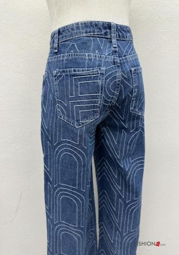 Patterned denim wide leg Cotton Jeans with buttons with zip with pockets - ph 5