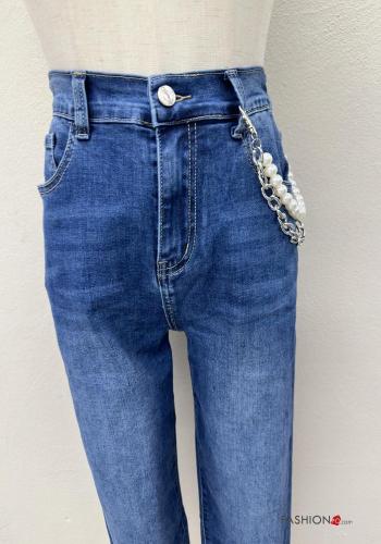 Jeans en Coton en denim avec fermeture éclair avec des perles avec chaîne à boutons avec poches - ph 2
