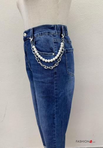 Jeans en Coton en denim avec fermeture éclair avec des perles avec chaîne à boutons avec poches - ph 3
