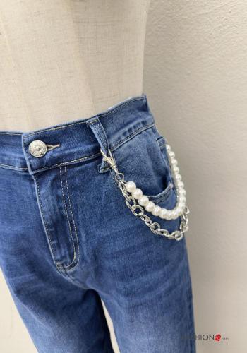 Jeans en Coton en denim avec fermeture éclair avec des perles avec chaîne à boutons avec poches - ph 4