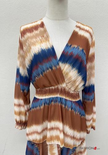 Abstract print long sleeve Dress with flounces with elastic with v-neck - ph 2
