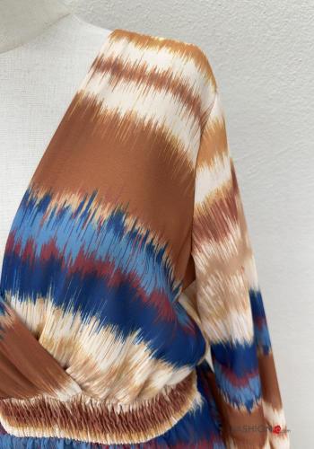 Abstract print long sleeve Dress with flounces with elastic with v-neck - ph 3