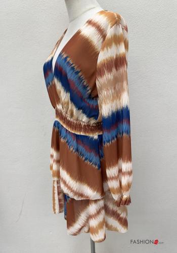 Abstract print long sleeve Dress with flounces with elastic with v-neck - ph 4