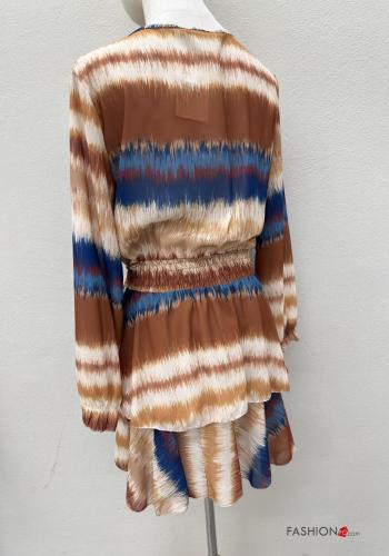 Abstract print long sleeve Dress with flounces with elastic with v-neck - ph 5