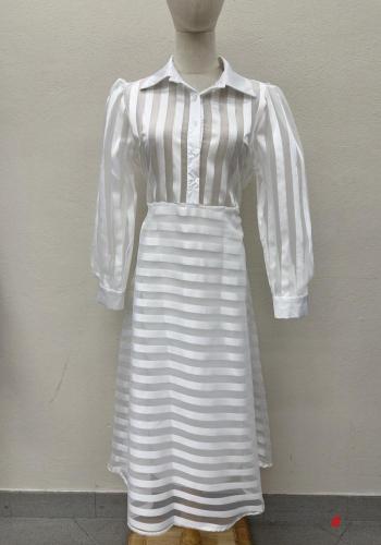 Striped long sleeve with collar chiffon Dress with buttons with fabric belt - ph 7
