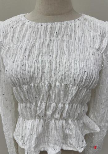 Embroidered crew neck Long sleeved top with flounces with elastic with rhinestones - ph 2