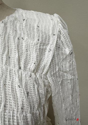 Embroidered crew neck Long sleeved top with flounces with elastic with rhinestones - ph 3