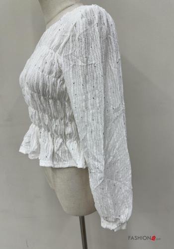 Embroidered crew neck Long sleeved top with flounces with elastic with rhinestones - ph 4