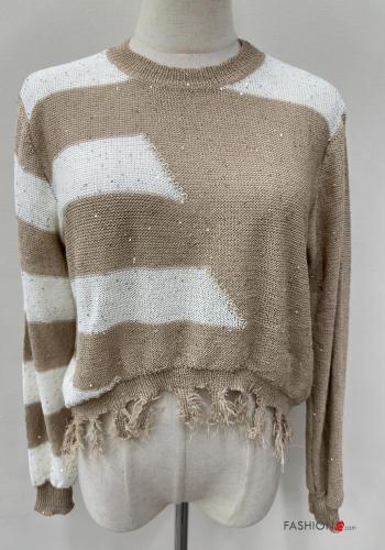 Maglione maniche lunghe girocollo Fantasia righe con strass con frange - ph 2