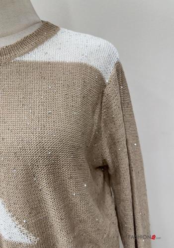 Maglione maniche lunghe girocollo Fantasia righe con strass con frange - ph 3