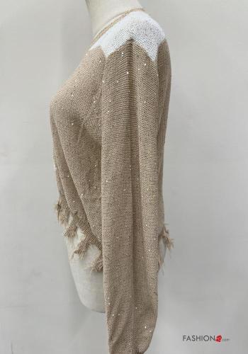 Maglione maniche lunghe girocollo Fantasia righe con strass con frange - ph 4