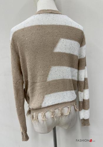 Maglione maniche lunghe girocollo Fantasia righe con strass con frange - ph 5