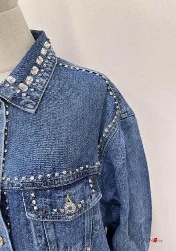 Giacca in Cotone con colletto denim maniche lunghe con bottoni con strass - ph 2