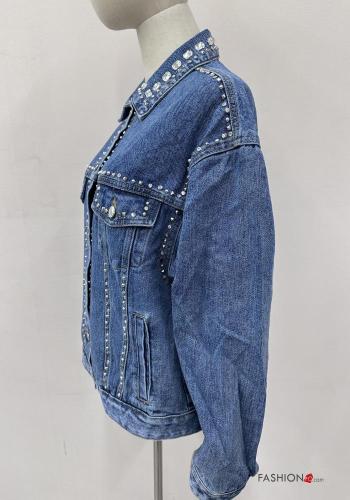 Giacca in Cotone con colletto denim maniche lunghe con bottoni con strass - ph 3