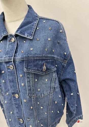 Denim mit kragen Jacke aus Baumwolle mit Knöpfen mit Strasssteinen mit Taschen - ph 2