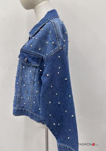 Denim mit kragen Jacke aus Baumwolle mit Knöpfen mit Strasssteinen mit Taschen - ph 3