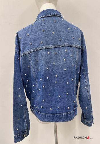 Denim mit kragen Jacke aus Baumwolle mit Knöpfen mit Strasssteinen mit Taschen - ph 4
