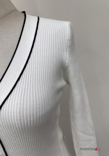 Gerippte lange ärmel Kleid mit Knöpfen mit schlitz mit V-Ausschnitt - ph 4