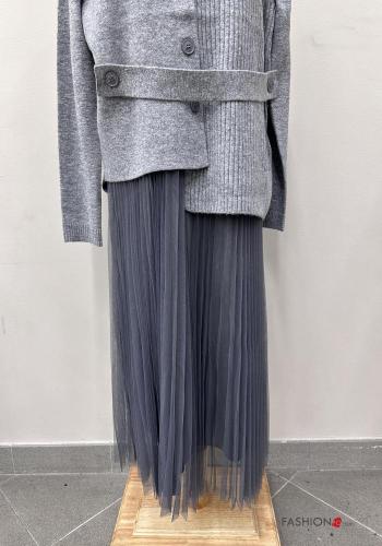 Robe en Mélange de Laine tulle manches longues plissé à boutons - ph 4