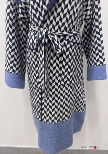 Geometrisches Muster lange ärmel lange Strickjacke mit stoffgürtel - ph 4