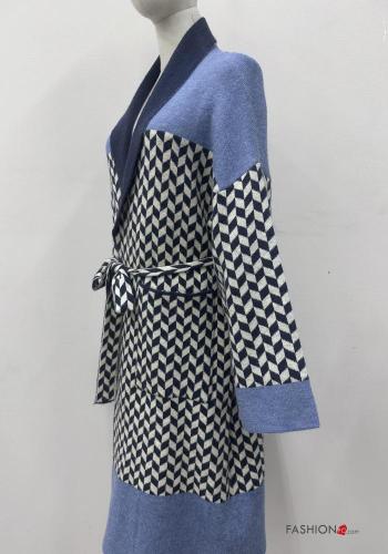 Geometrisches Muster lange ärmel lange Strickjacke mit stoffgürtel - ph 6