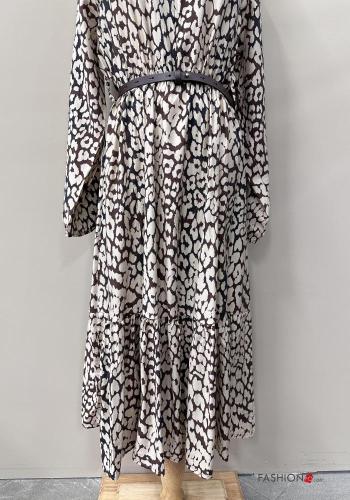 Abstract print long sleeve Dress with belt with v-neck with flounces - ph 4