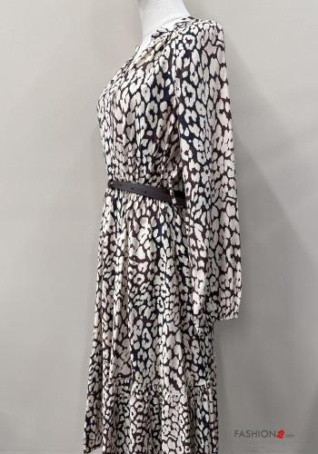 Abstract print long sleeve Dress with belt with v-neck with flounces - ph 5