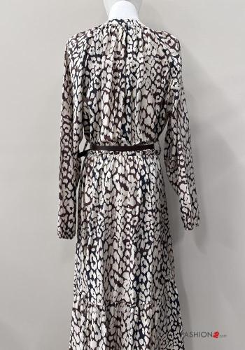 Abstract print long sleeve Dress with belt with v-neck with flounces - ph 6