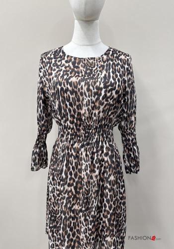 Animal print long sleeve crew neck knee-length Dress with elastic - ph 2
