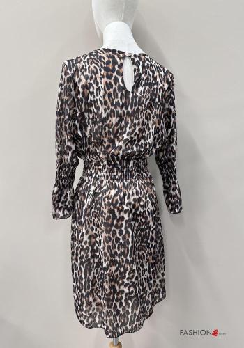 Animal print long sleeve crew neck knee-length Dress with elastic - ph 5
