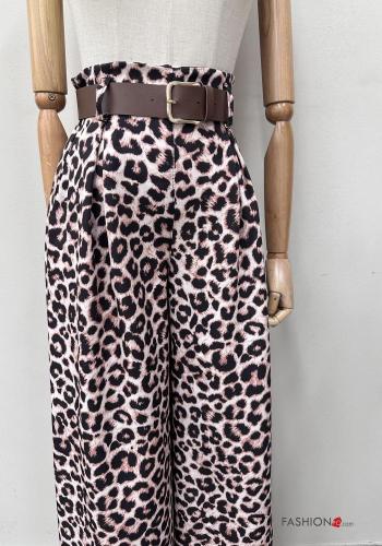 Tiermuster hoher Taille wide leg Hose mit Gürtel mit Taschen - ph 2