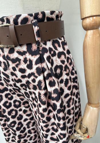Tiermuster hoher Taille wide leg Hose mit Gürtel mit Taschen - ph 3