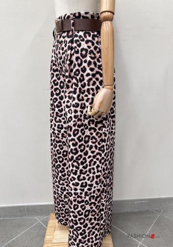 Tiermuster hoher Taille wide leg Hose mit Gürtel mit Taschen - ph 4