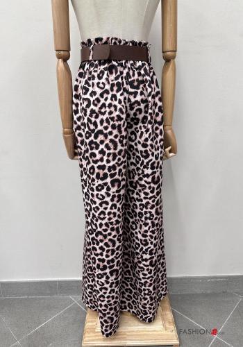 Tiermuster hoher Taille wide leg Hose mit Gürtel mit Taschen - ph 5