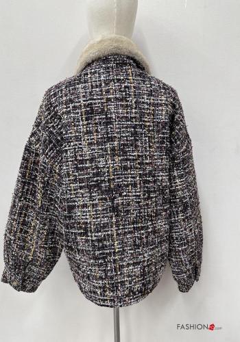 Giacca pelliccia sintetica con colletto Fantasia astratta con bottoni con tasche - ph 3