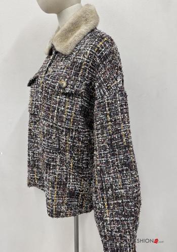 Giacca pelliccia sintetica con colletto Fantasia astratta con bottoni con tasche - ph 5