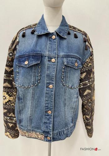 Besticktes Muster Denim Jacke aus Baumwolle mit Knöpfen mit Fransen mit Nieten mit Taschen - ph 2