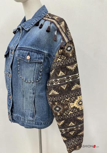 Besticktes Muster Denim Jacke aus Baumwolle mit Knöpfen mit Fransen mit Nieten mit Taschen - ph 4