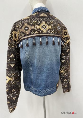Besticktes Muster Denim Jacke aus Baumwolle mit Knöpfen mit Fransen mit Nieten mit Taschen - ph 5