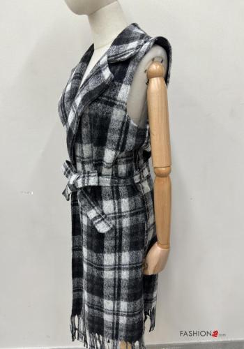 Veston en Mélange de Laine Motif tartan à franges avec ceinture en tissu - ph 5